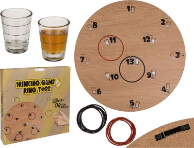 Produktbild von Trinkspiel Partyspiel Ringwurfspiel 1x Holzbrett 12x Ringe und 2 Shot-Gläser