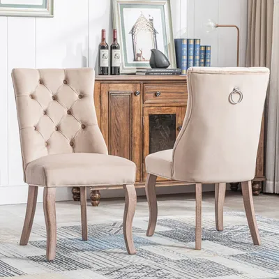 Produktbild von 4-Fußstuhl Stuhl Beige Samt Esszimmerstuhl hohe Rückenlehne mit Knopfsteppung Gestell aus Massivholz Beige(Set 2 St)