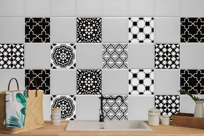 Produktbild von 24 Stück Laminierter Klebefolienset Wandfliesen für Küche Bad Aufkleber Weiß und Schwarz 15 x 15 cm