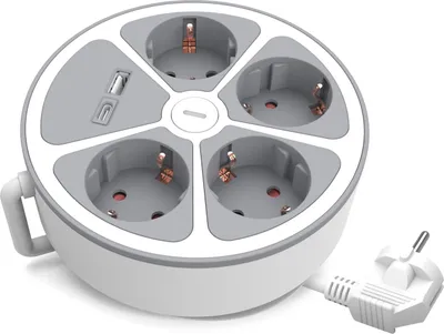 Produktbild von Runde Steckdosenleiste 4x Schuko-Steckdosen 2m USB-A & USB-C mit Schalter Plastrol