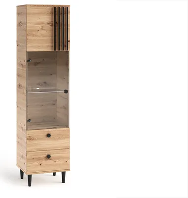 Produktbild von Vitrine Laura II Glas Bar Schrank Schränke Regal Holz Möbel Wohnzimmer Glastür mit Holzbeine Standvitrine Wohnzimmerschrank ohne LED-Beleuchtung (Eiche Artisan und schwarz)