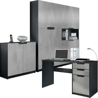 Produktbild von Vladon Büromöbel Arbeitszimmer komplett Set Logan,  Germany, Korpus in Schwarz matt / Fronten in Beton Oxid Optik