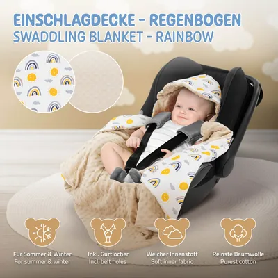 Produktbild von Joyz zavinovačka s kapucňou, dúhová s béžovým minky, 100% bavlna, obojstranná, univerzálna pre detskú autosedačku, autosedačku, kočík alebo kočík