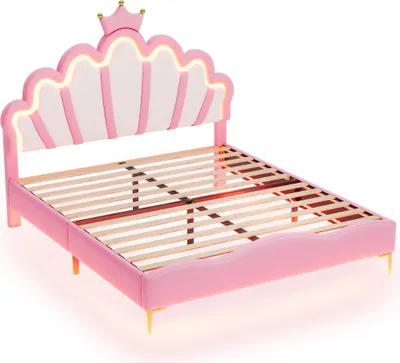Produktbild von Polsterbett 140x200cm Flachbett (Ohne Matratze) Doppelbett Prinzessinnenbett kronenförmiges Mit verstellbarer LED-Umgebungslichtstreifen Rosa PU