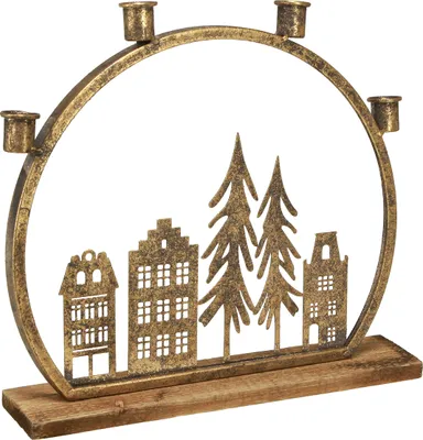 Produktbild von Weihnachtlicher Stabkerzenhalter Antik Gold Häuserreihe und Tannen 36x32cm Festliche Tischdeko