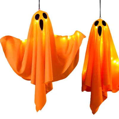 Produktbild von 2er Set Halloween Deko Outdoor, 50cm Hängende Geister Windsack Mit Lichterketten, LED Scream Fliegende Geist Halloween Patio Rasen Garten Party Dekor
