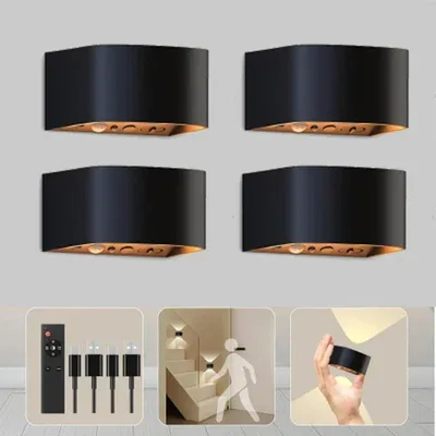 Obrázek produktu pro LED nástěnné svítidlo – balení po 4 kusech – pohybový senzor – bezdrátové, dobíjecí 4000 mAh – 3 barvy světla – stmívatelné – Up & Down – černé