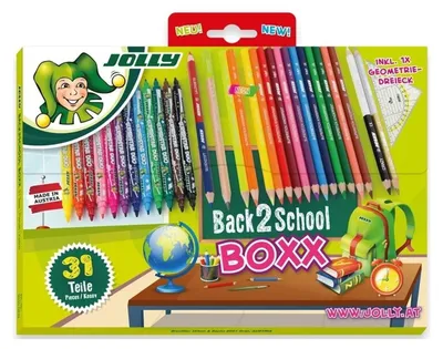 Produktbild von Jolly Back 2 School Set – Buntstifte + Filzstifte 31 Teile (12 doppelseitige Marker, 12 Buntstifte 3,8 mm, Neon, Geodreieck) – ab 3 Jahren, CE & EN-71 , Österreich