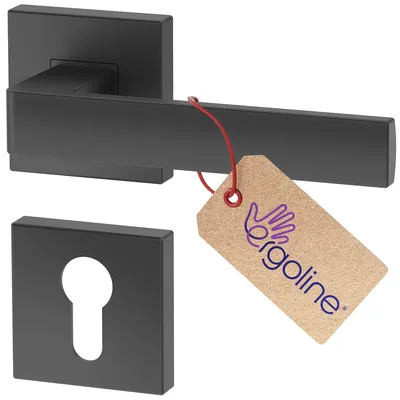 A black door handle set with a keyhole escutcheon and a product tag.