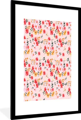 Produktbild von MuchoWow® MuchoWow® Gerahmtes Poster Blumen - Rosen - Muster 60x90 cm - Poster mit zchwarzem Bilderrahmen - Dekoration - Wandposter Wohnzimmer - Hochwertig