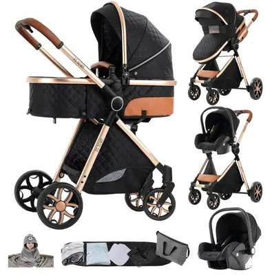 Image de Poussette 3-en-1 - Poussette combinée - Berceau et siège auto - Siège réversible - Pliable - Roues avec suspension - 20 kg - Noir/Or