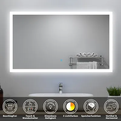 Produktbild von Badspiegel mit Beleuchtung 100x60cm Touch/Wandschalter Beschlagfrei 3 Lichtfarbe 3000K-6000K Dimmbar IP44 Belair-Serie