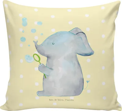 Produktbild von Mr. & Mrs. Panda Kissen 40x40 Elefant Seifenblasen - Gelb Pastell - Geschenk, Weiches, Gute Laune, Liebesspruch, Kuschel, Dekokissen, Elefanten, Sofa, Liebe, bedruckt
