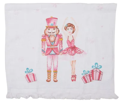 Produktbild von Clayre & Eef Gästehandtuch 40x66 cm Weiß Rosa Baumwolle Nussknacker und Balletttänzerin