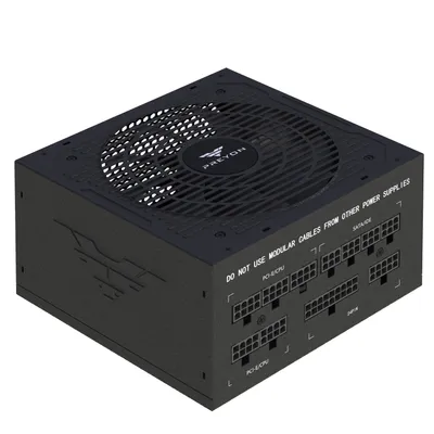 A black computer power supply unit (PSU) with a fan on top and modular ports on the side.