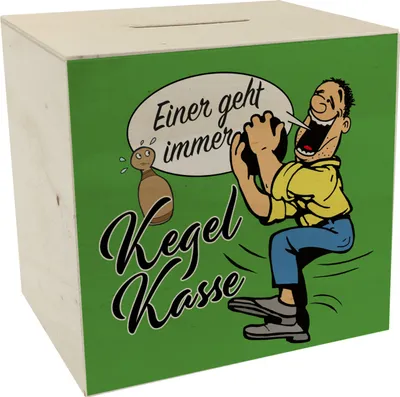 Produktbild von Kegelkasse Spardose aus Holz Einer geht immer in grün mit lustigem Kegelspieler