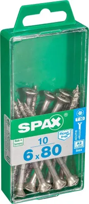 Produktbild von Packung mit 10 Spax Edelstahl-Senkkopfschrauben mit Torx-Kopf, 6 mm Durchmesser x 80 mm Länge
