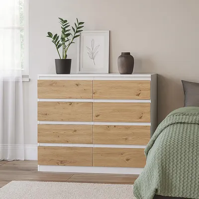 Produktbild von Moderne Kommode mit 8 grifflosen Schubladen Weiß-Artisaneiche