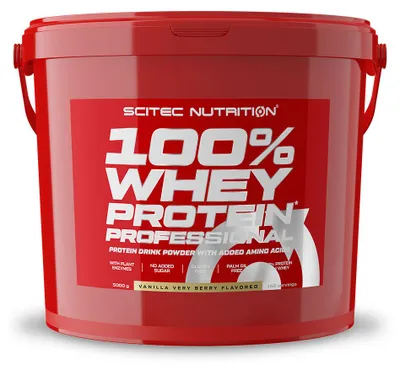 Immagine prodotto di Scitec Nutrition 100% Whey Protein Professional 5000 g vaniglia-frutto di bosco / Proteine del siero di latte / Gustose proteine del siero di latte con aminoacidi aggiunti e arricchite con enzimi digestivi