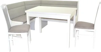 A white dining table with a gray upholstered corner bench and two chairs, all on a white background.