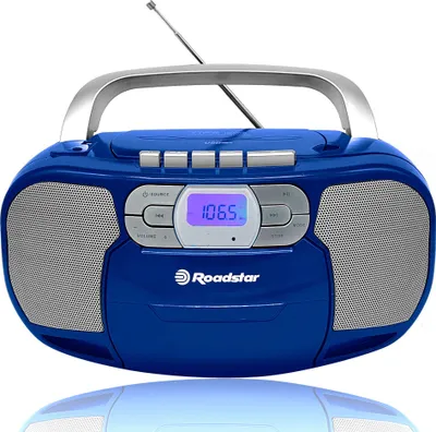 A blue Roadstar boombox with a silver handle is shown against a white background.