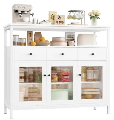 Produktbild von Sideboard mit 3 Schubladen und 3 Glastüren, Arbeitsplatte, weiß, 108 x 38 x 98,5 cm