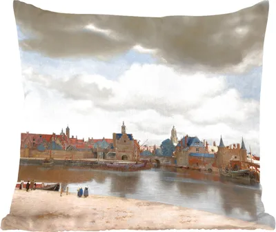 Produktbild von MuchoWow® Zierkissen Sofakissen Wohnzimmer Dekokissen 60x60 cm Ansicht von Delft - Gemälde von Johannes Vermeer - Sitzfläche - Foto Polster