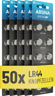 Produktbild von ABSINA 50x AG13 LR44 Knopfzelle 1,5V - Alkaline Knopfzellen auslaufsicher & mit langer Haltbarkeit - LR1154 L1154 G13 157