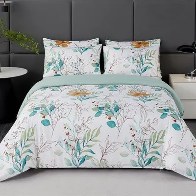 Productafbeelding van Unyqoos® beddengoedset met bladmotief – 135 x 200 cm dekbedovertrek + 50 x 75 cm kussensloop, zacht, met rits