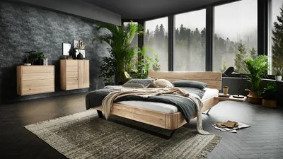 Produktbild von Bett Sand 200x200 Wildeiche Gebürstet Holzkopfteil Metallkufe Schwarz