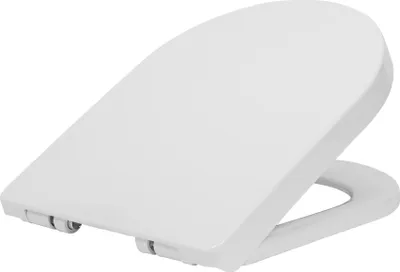 A white toilet seat and lid are shown in a studio setting against a white background.
