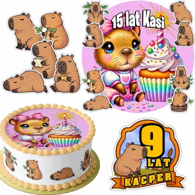 Obrázek produktu pro Zestaw Opłatek Na Tort 20Cm + 16 Postaci - Kapibara + Imię 15Cm 18Cm