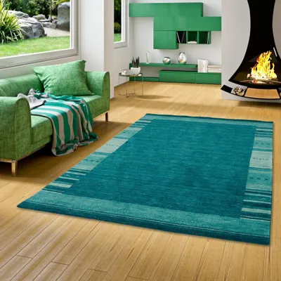 Produktbild von Natur Teppich Gabbeh Esta Blau Petrol Bordüre, Größe:70x140 cm