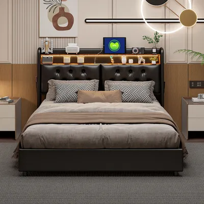 Produktbild von Polsterbett 180x200cm mit Ladefunktion (USB), Jugendbett Doppelbett Stauraumbett mit LED, Hydraulisches Boxspringbett, PU, Schwarz