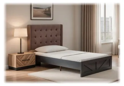 Image de Lit avec tête de lit rembourrée et table de chevet pour une chambre moderne