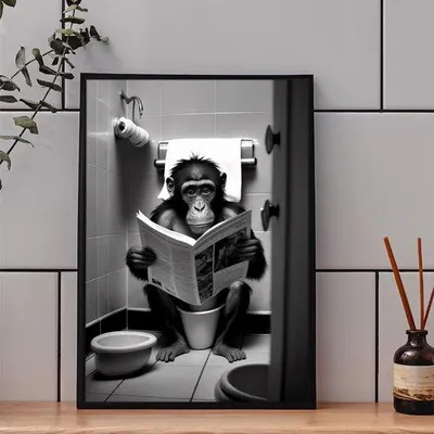 Produktbild von Ibenzoa® Humorvolle Badezimmer-Bilder – 3er Set A4 (21 x 30 cm) Schwarz-Weiß Leinwanddrucke mit Schimpansen auf Toilette, ohne Rahmen