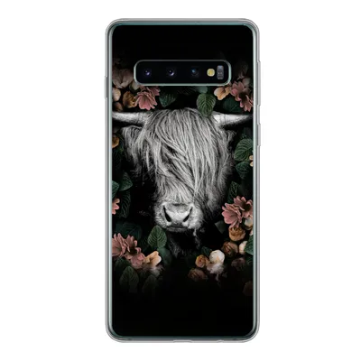 Produktbild von MuchoWow® Handyhülle Schutzhülle Hülle für Samsung Galaxy S10 Schottischer Highlander - Blumen - Rosa Silikon Softcase Handy Hülle - Handytasche