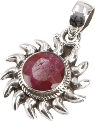 Produktbild von Ethno Silberanhänger, Indischer Boho Kettenanhänger Silberanhänger Sonne - Rubinquarz, Rot, SterlingSilber, 2*2*0,6 cm, Anhänger & Amulette aus Silber