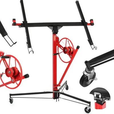 A product shot of a drywall lift with multiple components shown.