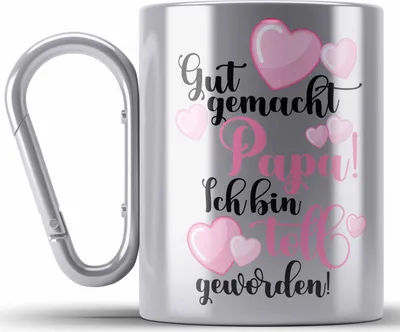 Produktbild von Trendation - Vater Papa Edelstahl Tasse Karabiner Geschenk von Tochter zum Geburtstag Weihnachten Karabiner Edelstahl Tasse Karabiner Edelstahl Lustig Geschenke Vatertag Vatertagsgeschenk (Silber)