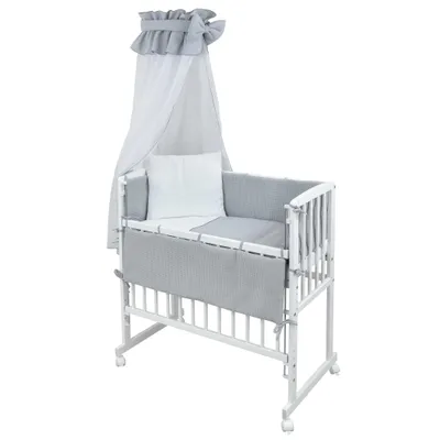 Produktbild von Baby-Delux Beistellbett Stillbett Babybett 90x40 weiß inkl. Matratze Bettwäsche Set komplett Waffelpique Musselin Grau