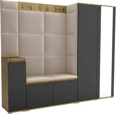 Produktbild von Garderoben-Set Noris VIII mit Spiegel, gepolsterte Garderobe 145 cm mit Schuhkommode, Wandpaneelen und Sitzbank (Farbe: Artisan Eiche/Schwarz+ Trinity 04)