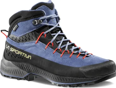 Damen-Zustiegsschuh TX4 Evo Mid GTX von La Sportiva in Blau mit roten Schnürsenkeln und schwarzer Sohle.