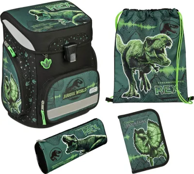 A collection of Jurassic World themed school supplies including a backpack, drawstring bag, pencil case, and folder, arranged on a white background.