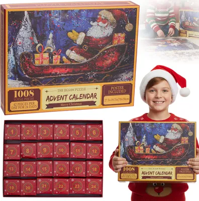 A collage showing a Christmas advent calendar puzzle box, a child wearing a Santa hat and holding the puzzle box, and a close-up of the advent calendar with numbered doors.