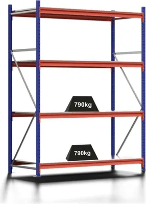 Produktbild von Weitspannregal MOOSE Stecksystem Omega-Profil | Grundregal | HxBxT 250x185x80cm | 4 Ebenen | Spanplatten-Fachboden | Fachlast 790kg | Enzianblau/Reinorange