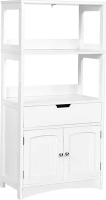 A white wooden cabinet with shelves, a drawer, and two doors.