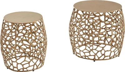 Produktbild von Beistelltisch 2er Set Aluminium Gold Design Satztisch Metall Rund, Wohnzimmertisch Couchtisch Ast-Struktur Modern, Sofatisch 2-teilig Wohnzimmer
