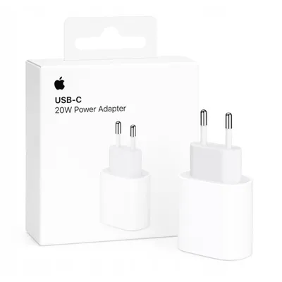 A white Apple 20W USB-C power adapter and its packaging.
