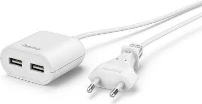 A white USB power adapter with two USB-A ports and a white power cord with a European plug.
